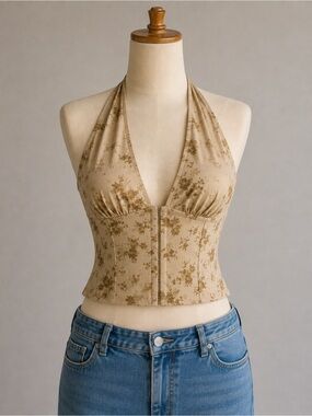 Floral Halter Corset Crop Top in Beige
